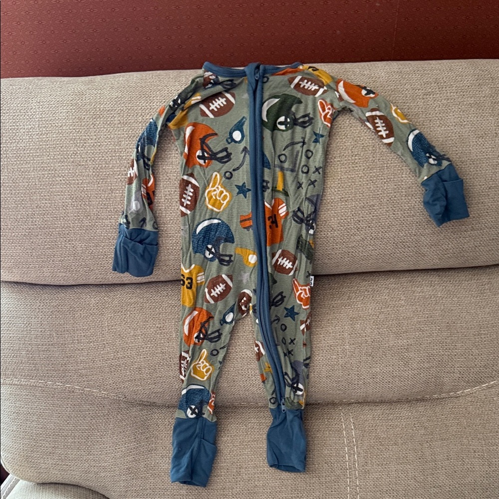 Little Sleepies Football Print One Piece Pajamas - Blue, Orange, Gray